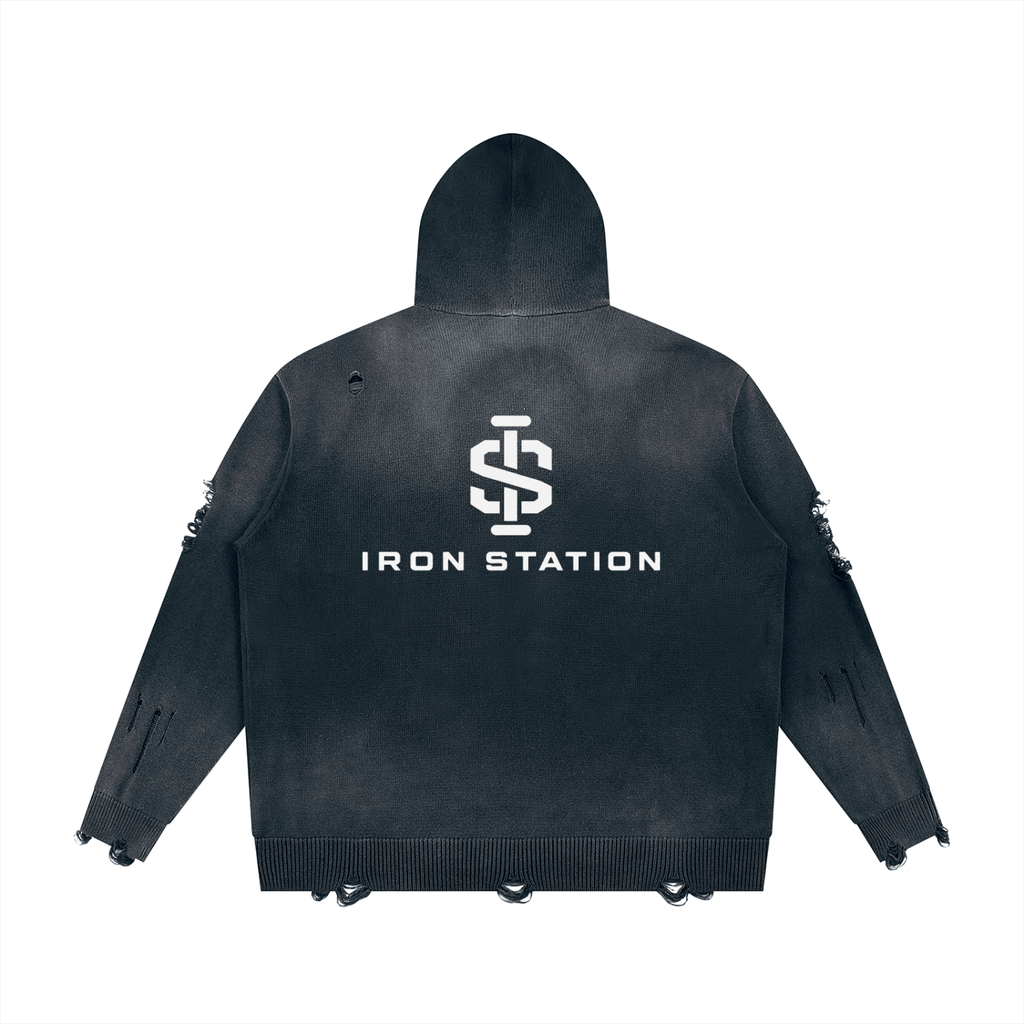 001 - "Iron Station" Distressed Zip-Up Jacket