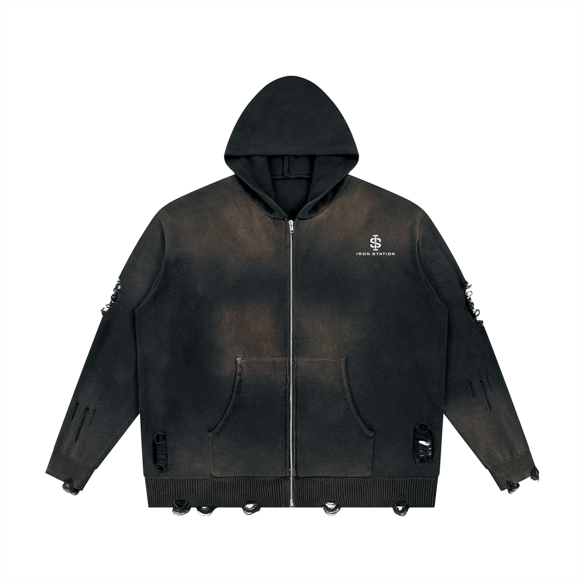 001 - "Iron Station" Distressed Zip-Up Jacket