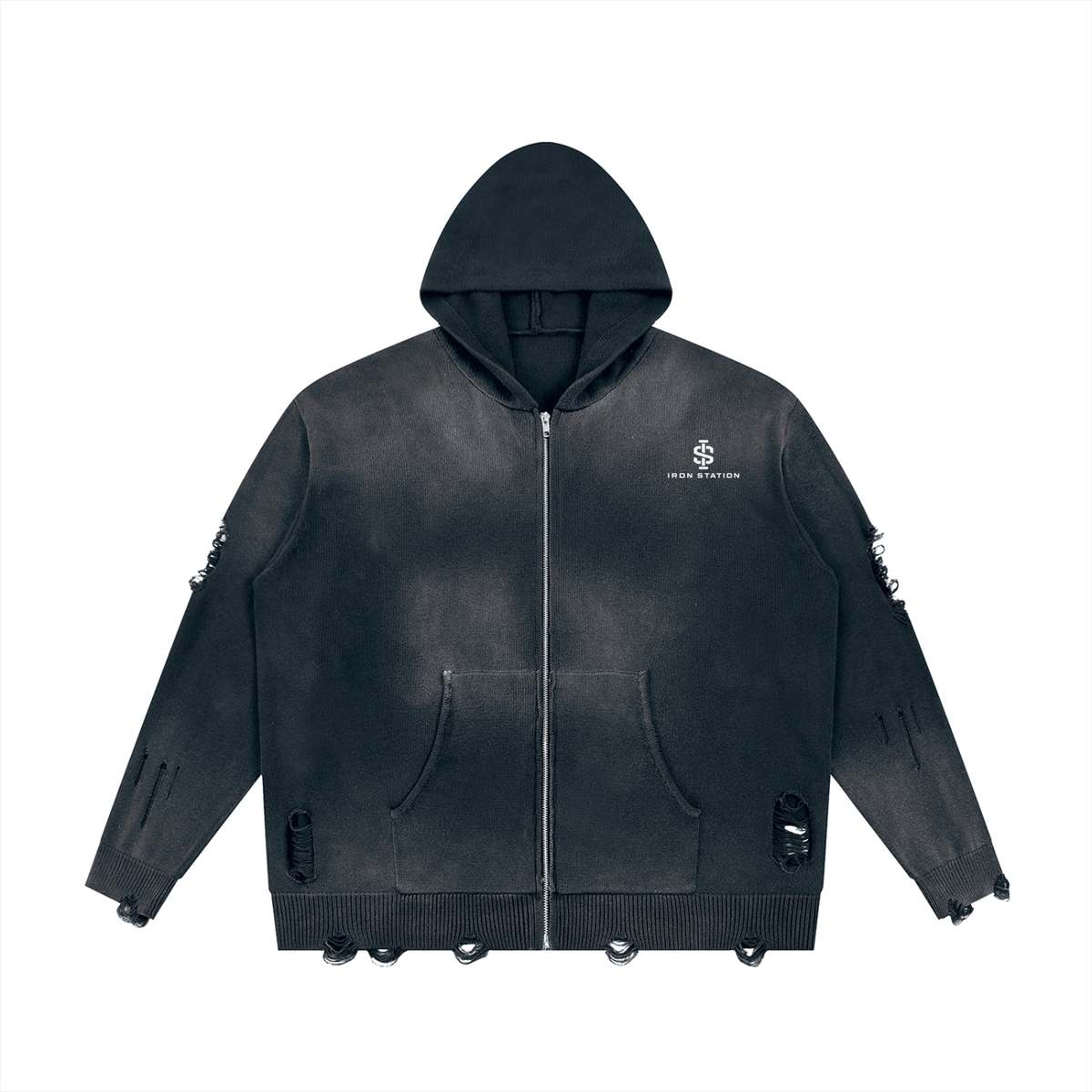 001 - "Iron Station" Distressed Zip-Up Jacket